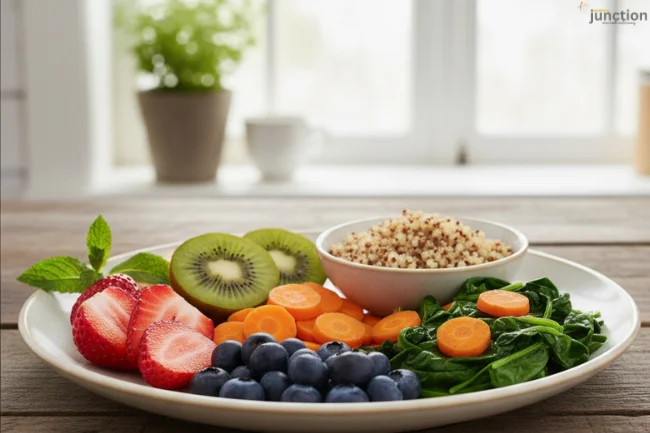 IBS Symptoms: Healthy meal with fresh fruits, vegetables, and quinoa to support IBS management through diet.