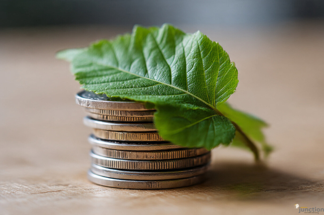 Close-up of a stack of coins with a green leaf on top, symbolizing the cost-effectiveness and eco-friendly benefits of using pappedeckel for business.