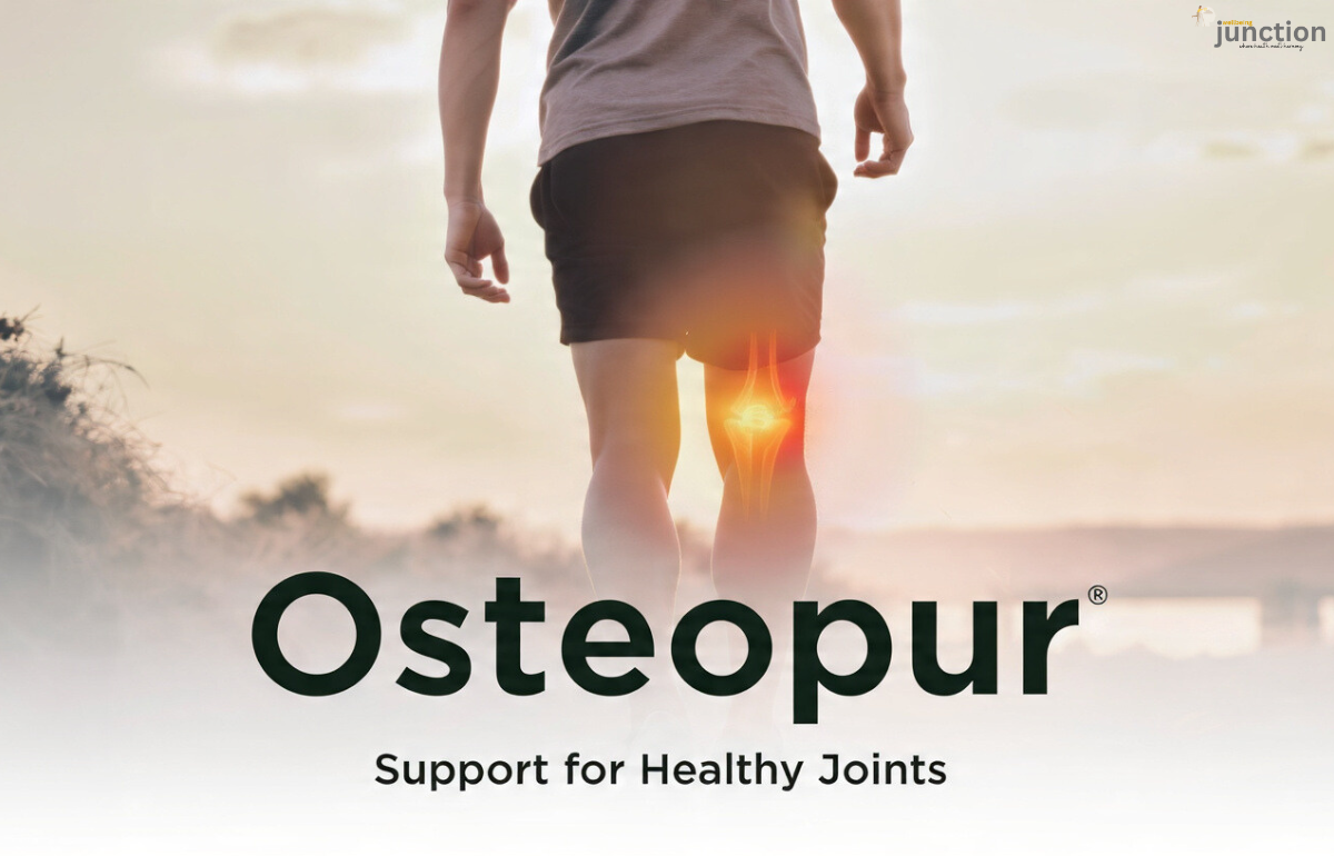 Osteopur supplement concept showing a person walking outdoors with highlighted knee joint, symbolizing joint support and mobility.