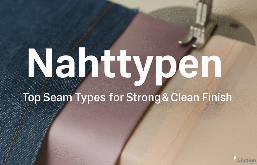Close-up of different seam types on denim, silk, and chiffon fabrics near a sewing machine, showcasing Nahttypen in a professional textile setup.
