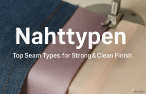 Close-up of different seam types on denim, silk, and chiffon fabrics near a sewing machine, showcasing Nahttypen in a professional textile setup.