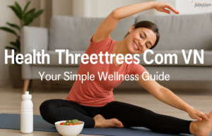 A woman stretching on a yoga mat at home with healthy food and a water bottle beside her, promoting balanced living — Health Threetrees Com VN.