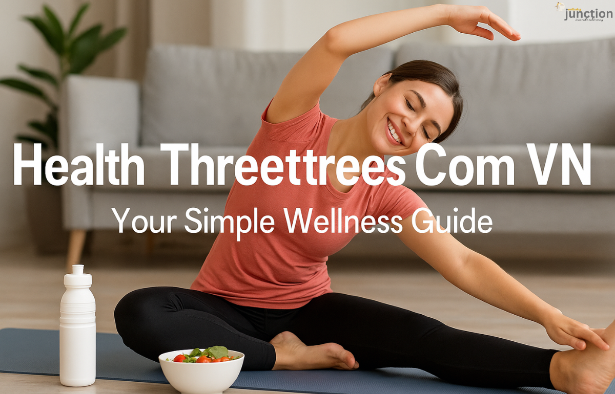 A woman stretching on a yoga mat at home with healthy food and a water bottle beside her, promoting balanced living — Health Threetrees Com VN.