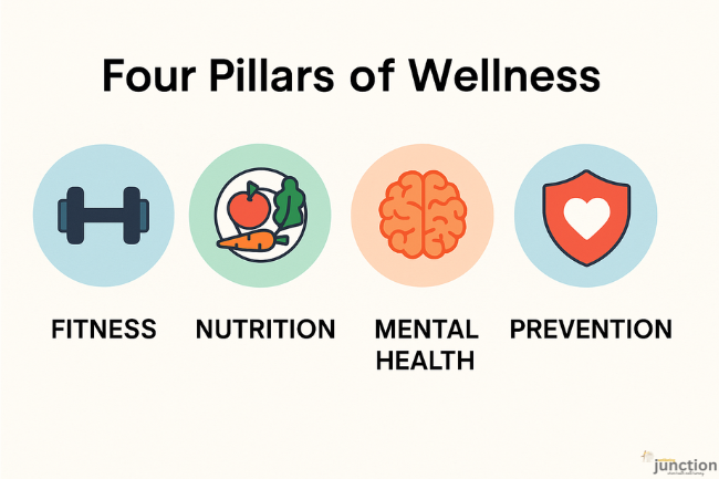 Four icons representing fitness, nutrition, mental health, and prevention — the core wellness pillars of Health Threetrees Com VN.