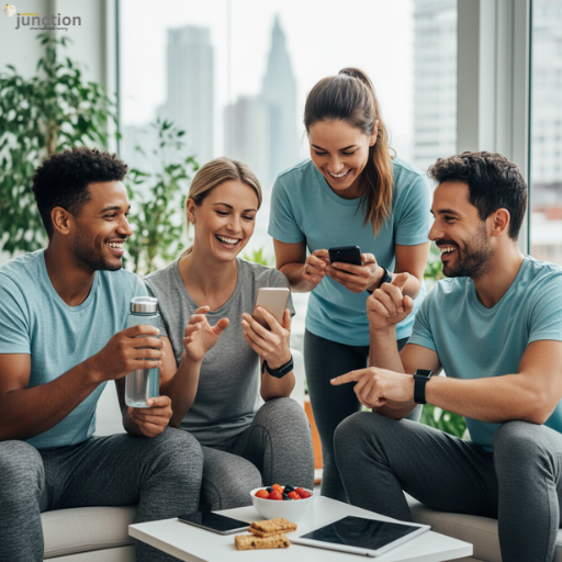 Friends sitting together after a workout, smiling and checking fitness apps on their smartphones — Health Threetrees Com VN community support.