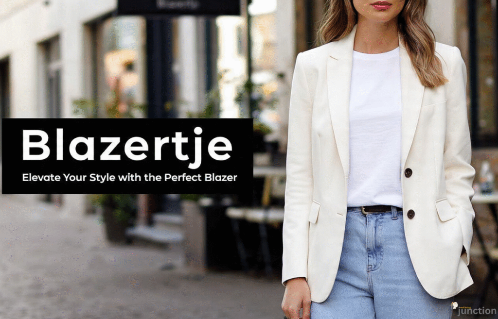 Blazertje styled with a white casual t-shirt and light denim jeans on a city street, showcasing a modern, effortless outfit.