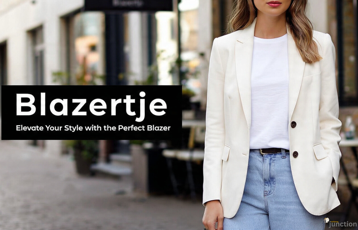 Blazertje styled with a white casual t-shirt and light denim jeans on a city street, showcasing a modern, effortless outfit.