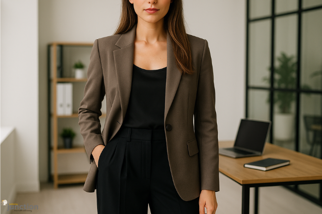 Professional outfit featuring a Blazertje paired with dress pants and a simple top in a modern office setting.