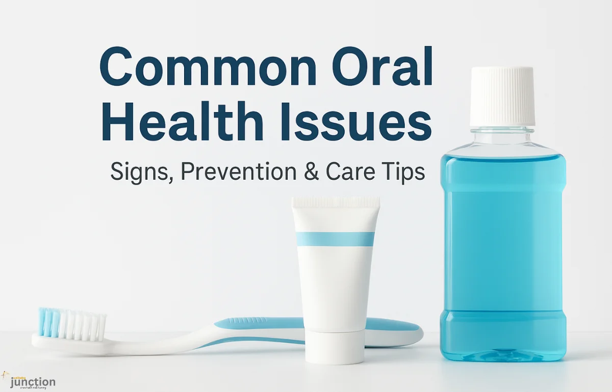 Dental hygiene items with toothbrush, toothpaste, and mouthwash illustrating Common Oral Health Issues