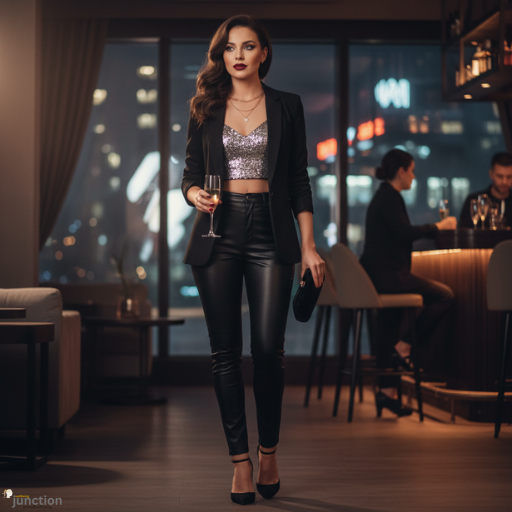 A gorgeous styled for an evening look with black leather pants, sparkly top, and heels in a chic cocktail bar setting.