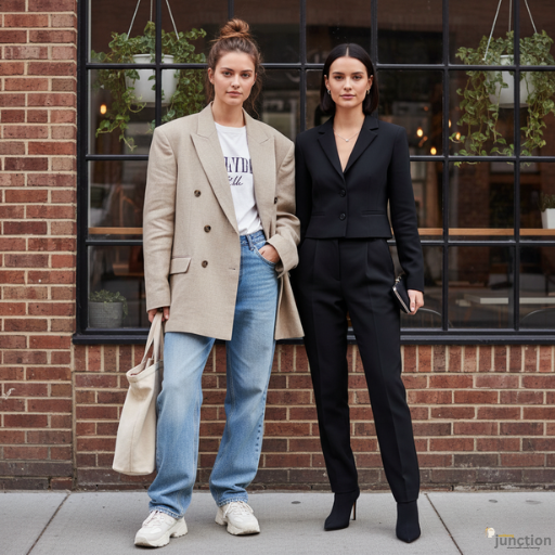 Two women showcasing contrasting blazertje styles — one wearing an oversized casual blazertje with jeans, the other in a fitted cropped blazertje suit.