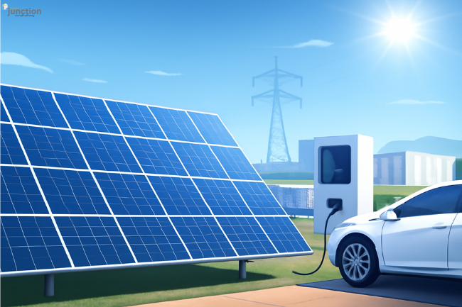 HMS Photovoltaik solar farm with electric vehicle charging station and power grid in the background, showcasing clean energy.