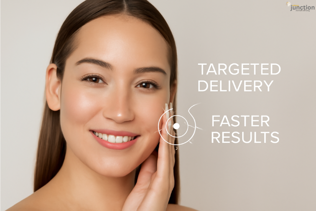 A smiling woman with smooth, radiant skin gently touching her cheek. A graphic overlay highlights SkinPres T's advanced technology for targeted delivery and faster results, emphasizing non-invasive cosmetic treatment.