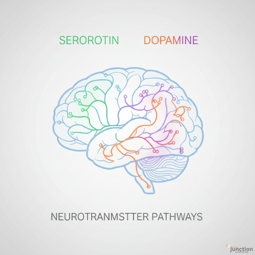 A clear, simple graphic of the human brain with pathways highlighted in color, illustrating the balanced serotonin and dopamine modulation targeted by Insetprag.