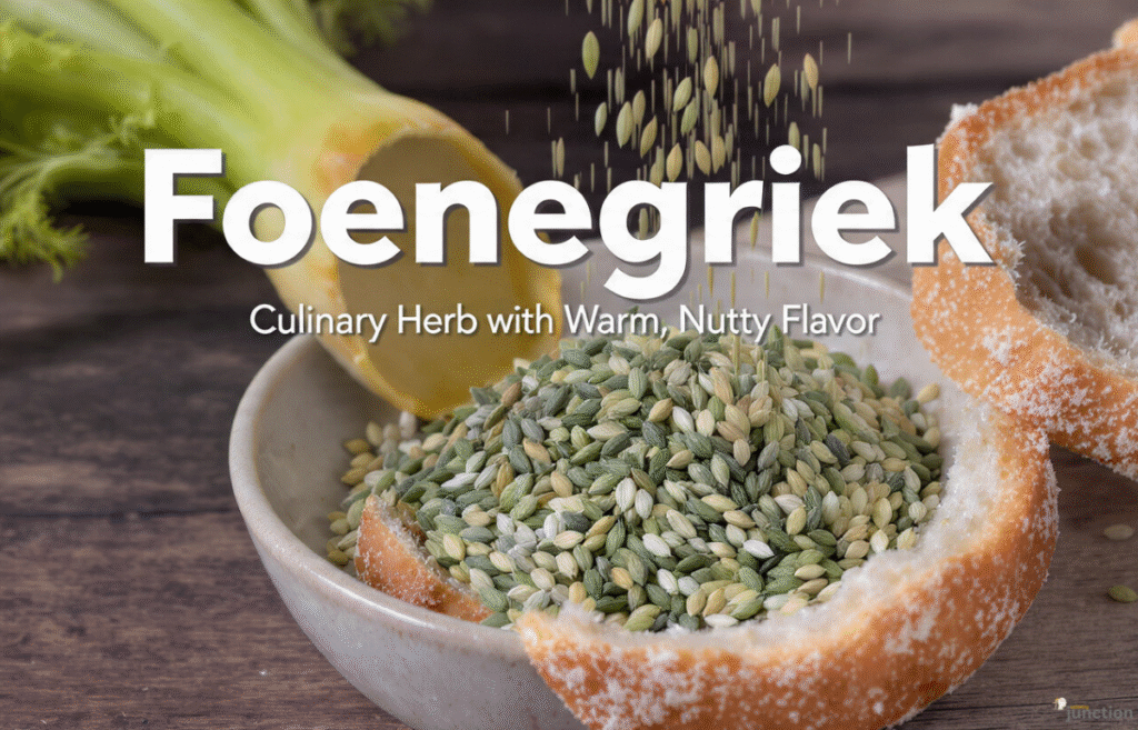 Foenegriek seeds (green and yellow) being sprinkled onto a small ceramic bowl sitting on a wooden table, with slices of bread and celery stalks in the soft focus background.