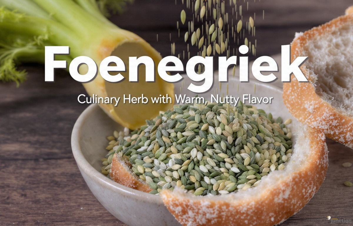 Foenegriek seeds (green and yellow) being sprinkled onto a small ceramic bowl sitting on a wooden table, with slices of bread and celery stalks in the soft focus background.