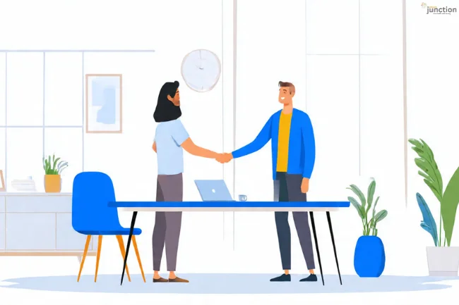 Illustration of two professionals shaking hands in a clean, minimal office showing business Simplicity and trust.