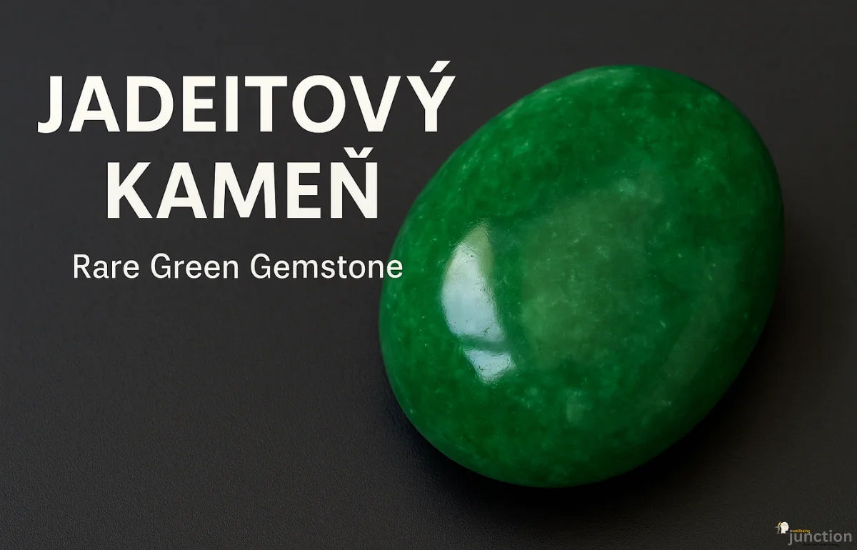 Jadeitový Kameň — polished green jadeite gemstone on a dark minimal background with bold title text.
