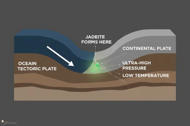 Diagram showing a geological cross-section of a Jadeitový Kameň (jadeite) formation in a subduction zone, where immense pressure and low temperature cause minerals to crystallize into the gemstone.