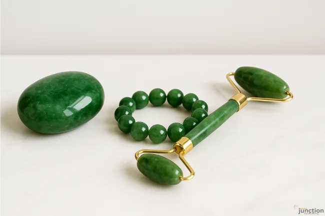 Jadeitový Kameň jadeite bracelet, roller, and polished stone displayed on a clean modern surface.