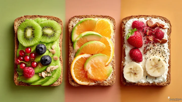 Toastul gourmet fruit toasts topped with kiwi, citrus, strawberries, banana, and nuts on colorful background.