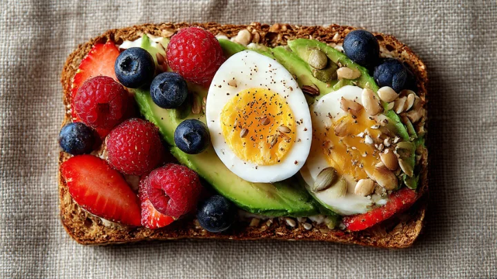 Toastul topped with avocado, berries, seeds, and boiled egg on whole-grain toast.