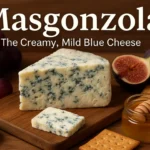 Masgonzola cheese on a gourmet cheese board with figs, grapes, honey, and crackers.