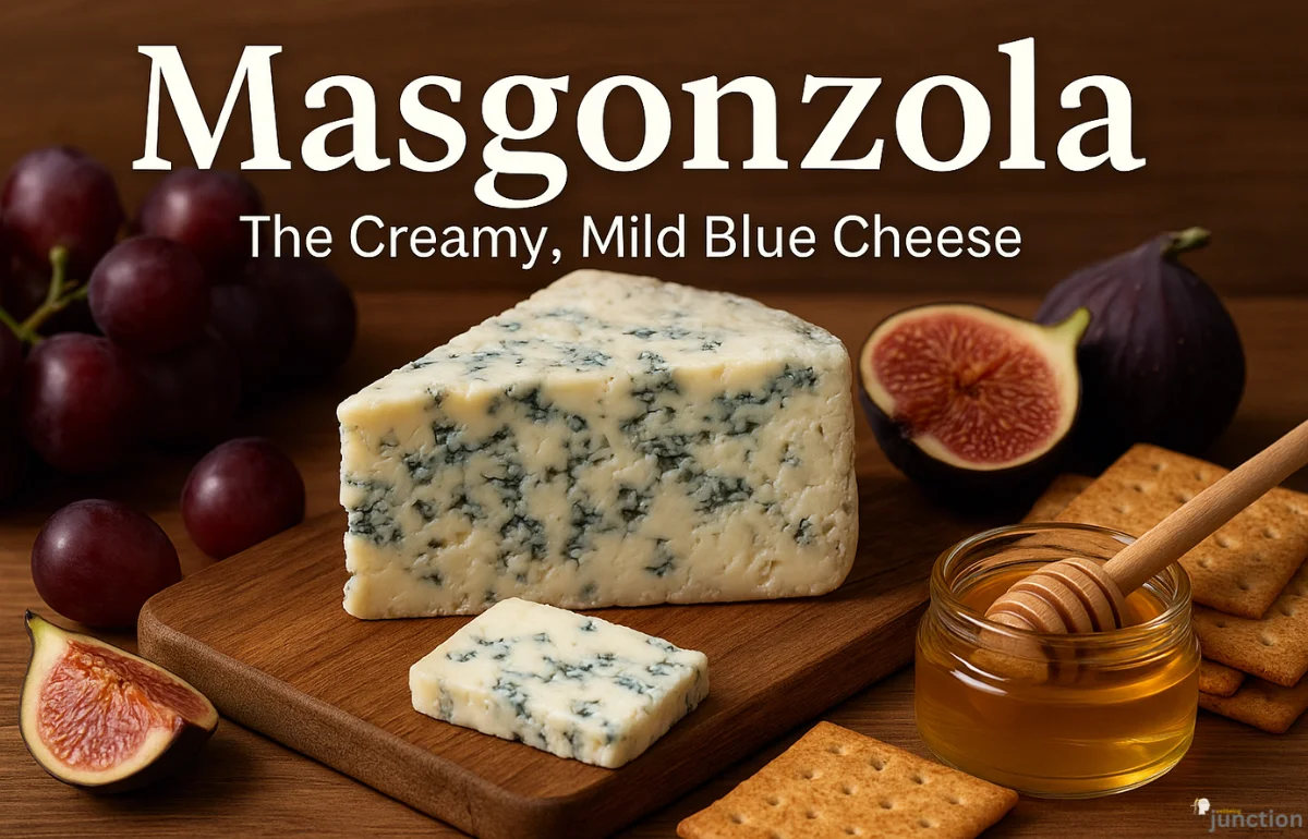 Masgonzola cheese on a gourmet cheese board with figs, grapes, honey, and crackers.