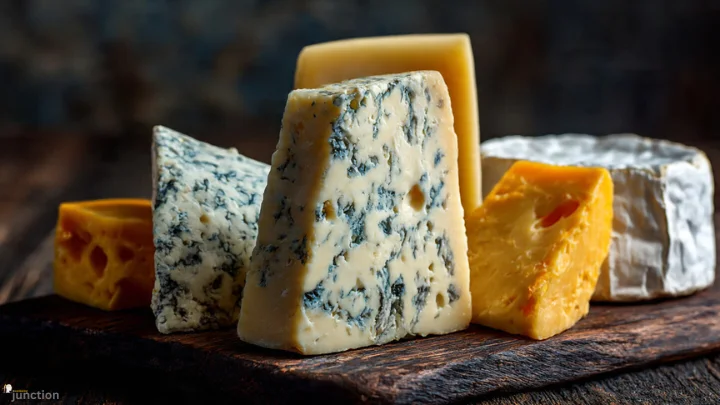 Masgonzola cheese displayed on a rustic wooden board with other artisan cheese varieties.