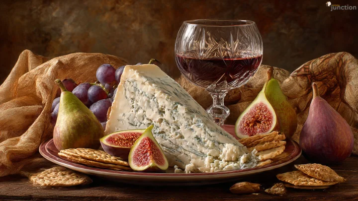 Masgonzola cheese served on a plate with figs, grapes, crackers, and a glass of red wine.