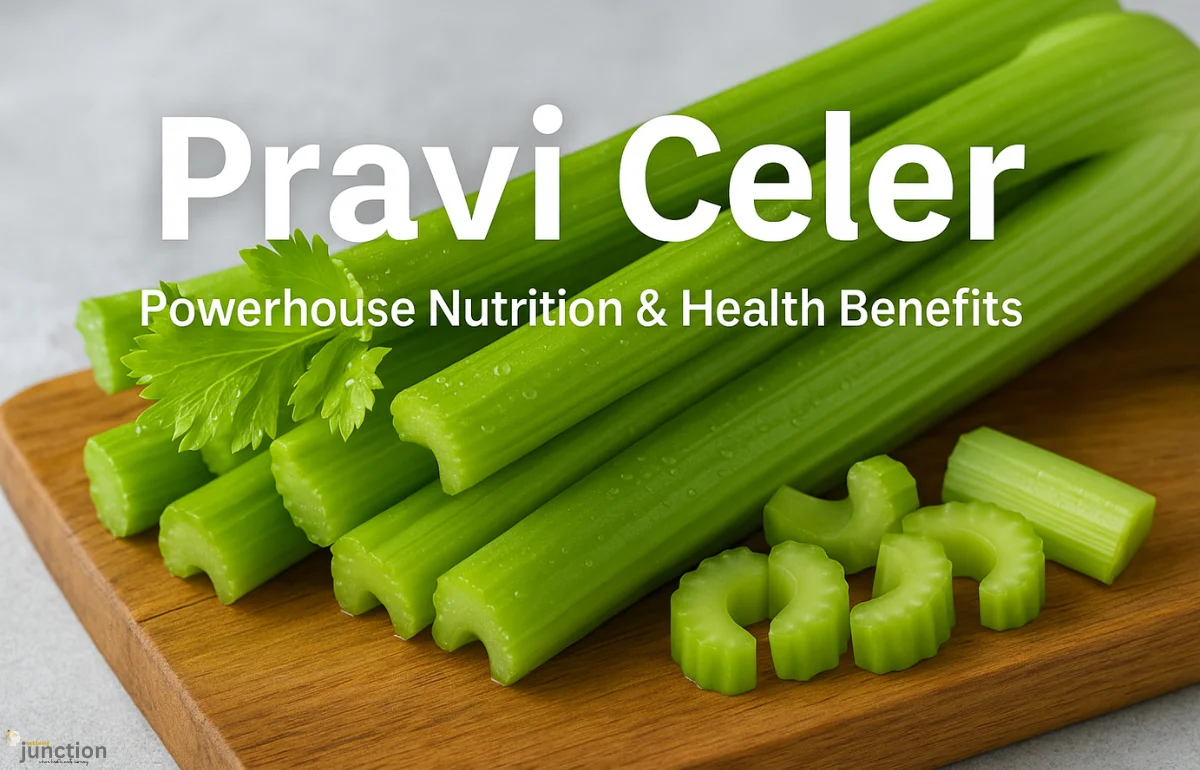 Pravi Celer fresh celery stalks on cutting board promoting nutrition and health benefits