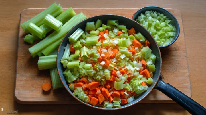 Pravi Celer chopped with carrots and onions on cutting board and cooking pan, showing its versatility in meals.