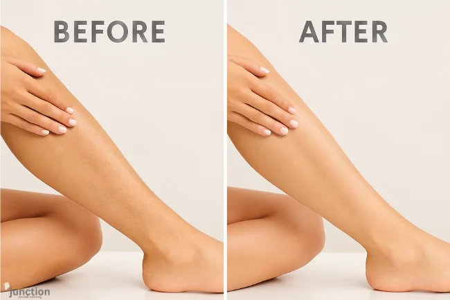 Before and after laser hair removal showing reduced hair and Smooth Skin on a woman's legs