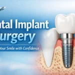 Dental Implant Surgery showing a titanium implant placed in the jawbone with a natural-looking crown