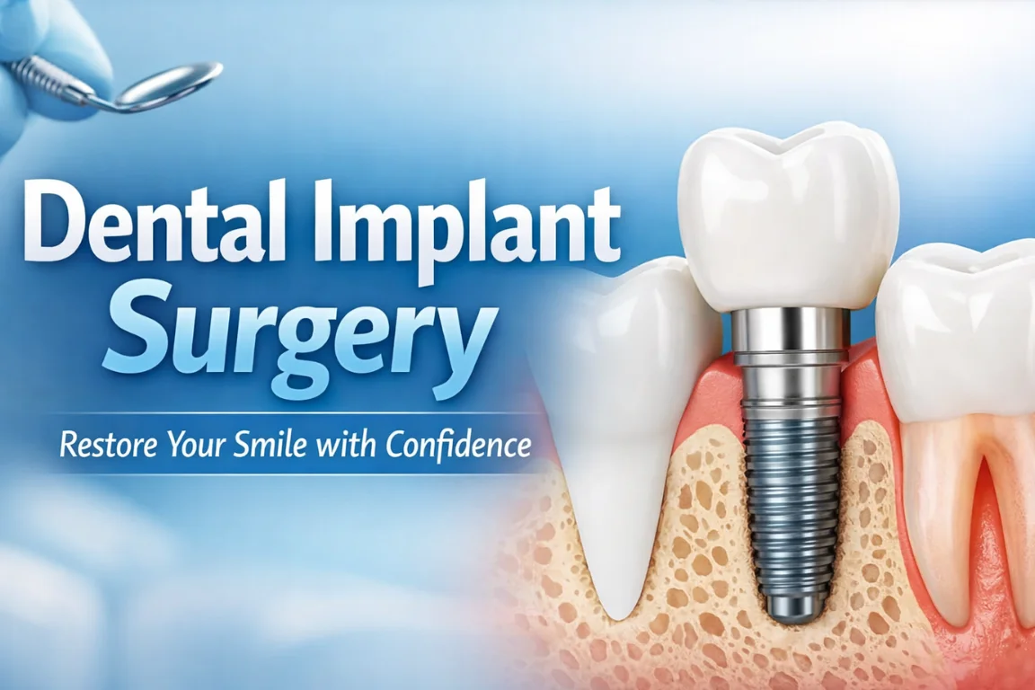Dental Implant Surgery showing a titanium implant placed in the jawbone with a natural-looking crown