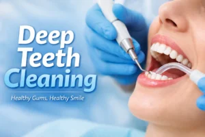 Deep Teeth Cleaning procedure showing dentist removing plaque below the gumline
