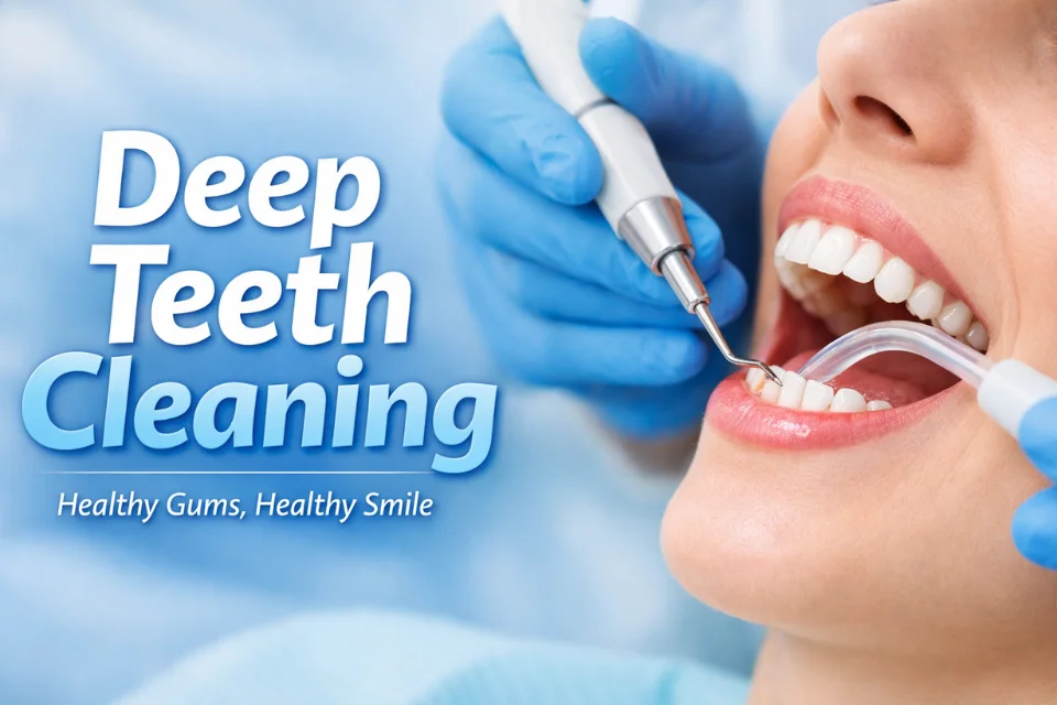 Deep Teeth Cleaning procedure showing dentist removing plaque below the gumline