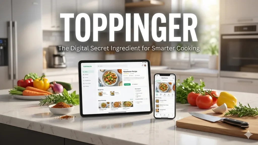 A modern kitchen setting featuring the Toppinger digital interface displayed on a tablet and smartphone alongside fresh vegetables.