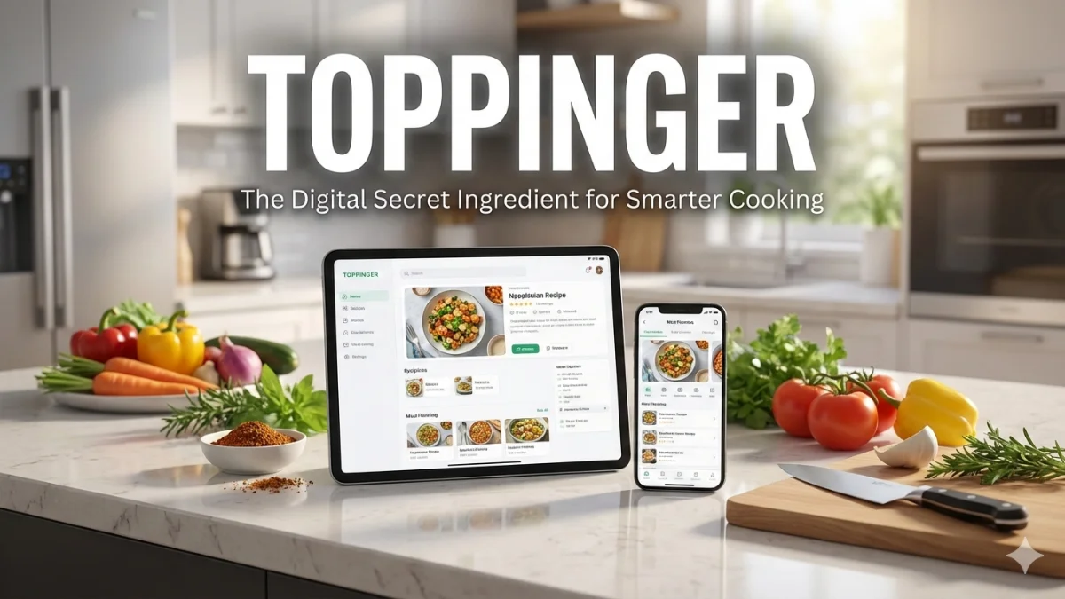 A modern kitchen setting featuring the Toppinger digital interface displayed on a tablet and smartphone alongside fresh vegetables.