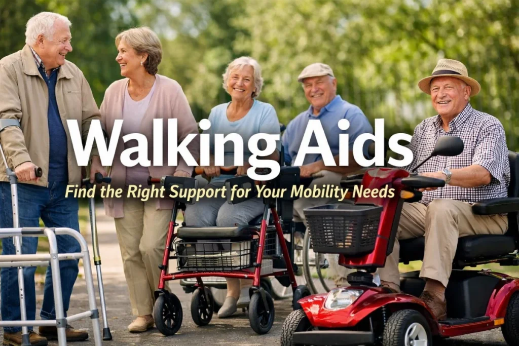 Walking Aids showing seniors using canes, walkers, rollators, and a mobility scooter outdoors
