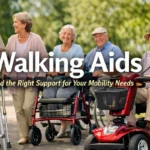 Walking Aids showing seniors using canes, walkers, rollators, and a mobility scooter outdoors