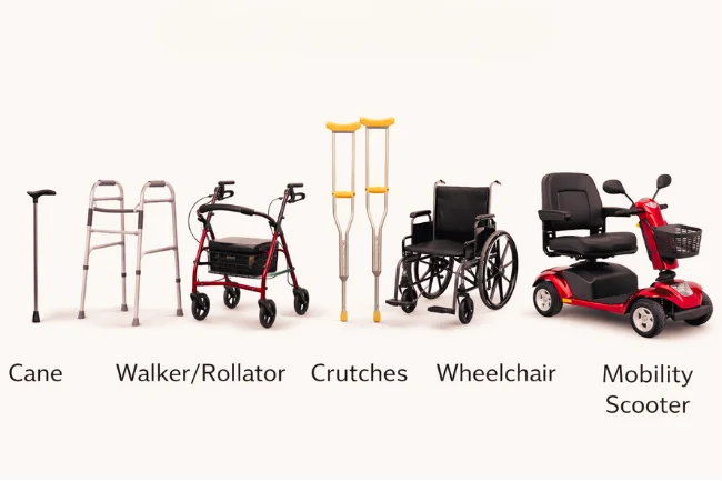 Walking Aids comparison showing cane, walker, rollator, crutches, wheelchair, and mobility scooter