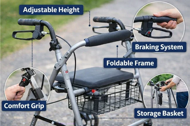 Walking Aids showing key features like adjustable height, comfort grip, brakes, foldable frame, and storage basket