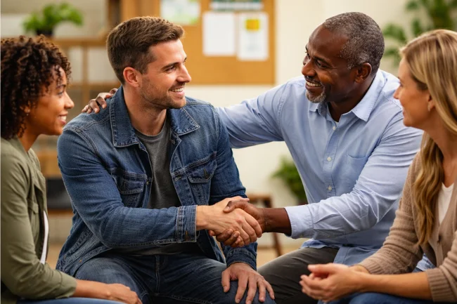 After Prison Life support network showing a mentor and community members offering guidance and encouragement