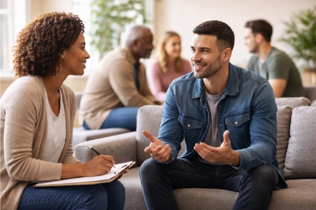 After Prison Life mental health support showing counseling and recovery in a calm, supportive environment