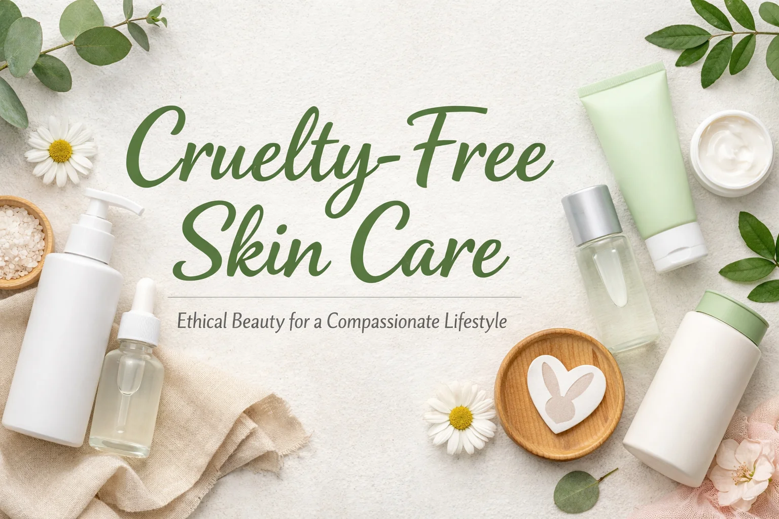 Cruelty-Free Skin Care products arranged with natural elements, soft colors, and ethical beauty aesthetics