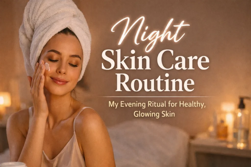 Night Skin Care Routine with a woman applying moisturizer during a calm evening skincare ritual