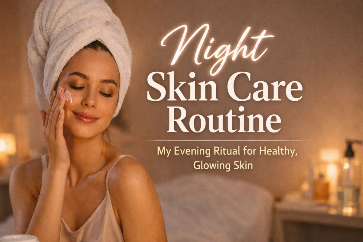 Night Skin Care Routine with a woman applying moisturizer during a calm evening skincare ritual
