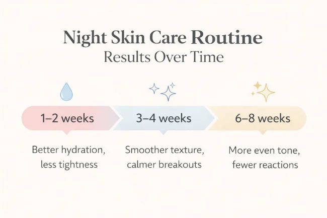 Night Skin Care Routine timeline showing gradual skin improvements from 1 to 8 weeks