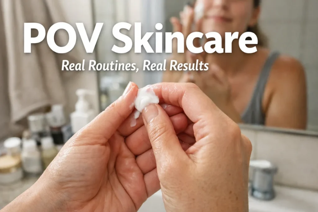 Pov Skincare routine shown from a first-person view with hands applying moisturizer in natural bathroom light
